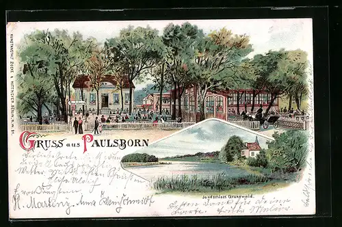 Lithographie Berlin-Grunewald, Gasthaus Paulsborn, Jagdschloss Grunewald