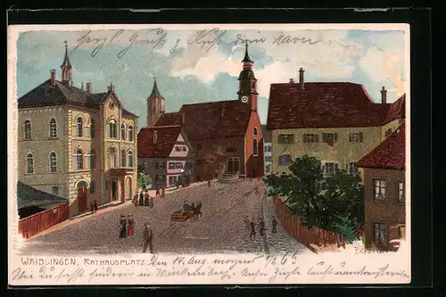 Lithographie Waiblingen, Rathausplatz mit Kirche