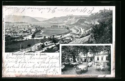 AK Dorndorf-Dornburg a. Saale, Gasthof zum blauen Schild, Panorama