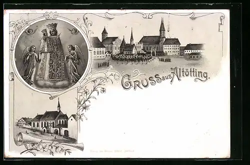 Künstler-AK Altötting, Ortspartie mit Kirche, Gnadenbild