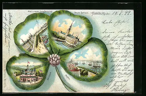 Passepartout-Lithographie Hamburg, Gasthaus Fährhaus, Alter u. neuer Jungfernstieg, Neues Rathaus im Kleeblatt