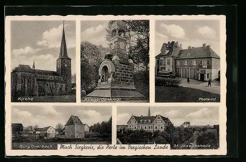 AK Much im Siegkreis, Kirche, Kriegerdenkmal, Postamt, Burg Overbach und St. Josephshaus