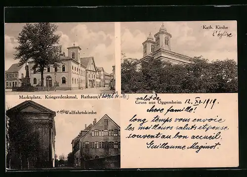 AK Oggersheim, Marktplatz, Kriegerdenkmal, Rathaus, Kath. Kirche und Wallfahrtskirche