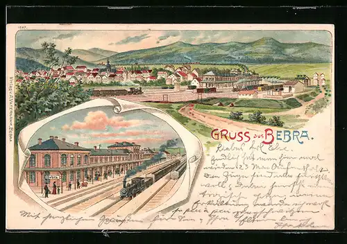 Lithographie Bebra, Totalansicht mit Bahnhof und Bahnsteig