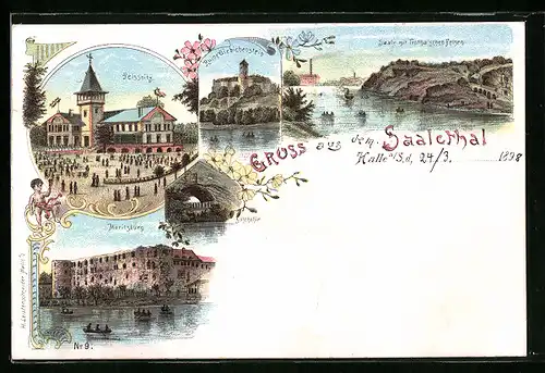 Lithographie Halle a. S., Gasthaus Peissnitz im Saalethal, Moritzburg, Ruine Giebichenstein