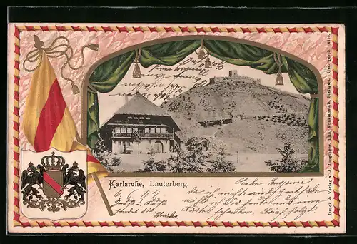 Passepartout-Lithographie Karlsruhe, Gasthaus mit Blick zur Burg Lauterberg, Wappen