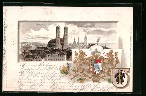 Passepartout-Lithographie München, Frauenkirche im Stadtbild, Wappen mit Münchner Kindl