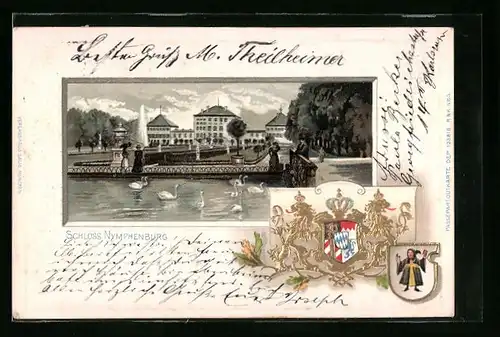 Passepartout-Lithographie München, Schloss Nymphenburg mit Schwanenteich, Wappen mit Münchner Kindl