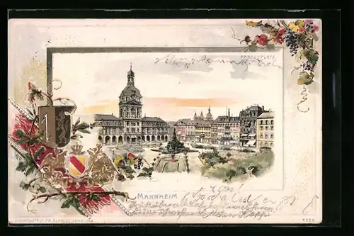 Passepartout-Lithographie Mannheim, Strassenpartie am Paradeplatz, Wappen