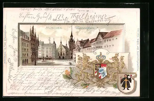 Passepartout-Lithographie München, Marienplatz mit Kirche, Wappen mit Münchner Kindl