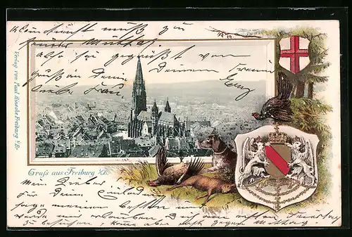 Passepartout-Lithographie Freiburg i. B., Ortsansicht mit Münster aus der Vogelschau, Wappen