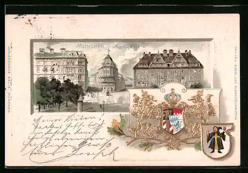 Passepartout-Lithographie München, Strassenpartie am Karlsplatz, Wappen mit Münchner Kindl