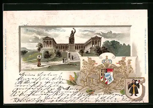 Passepartout-Lithographie München, Bavaria mit Ruhmeshalle, Wappen mit Münchner Kindl