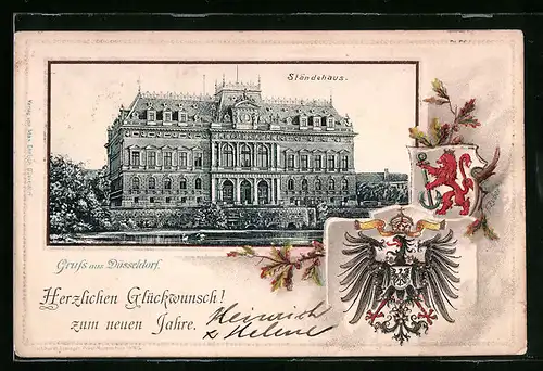 Passepartout-Lithographie Düsseldorf, Ständehaus in der Gesamtansicht, Wappen