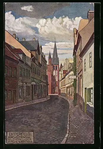 AK Bitterfeld, Kirchstrasse mit Kirche und Rathaus