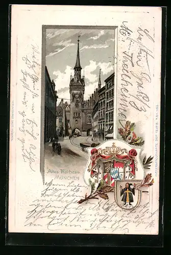 Passepartout-Lithographie München, Altes Rathaus mit Strassenpartie