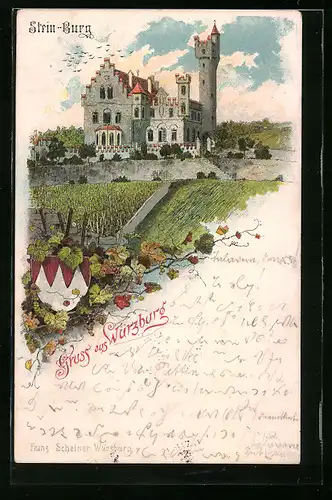 Lithographie Würzburg, Stein-Burg mit Weinberg