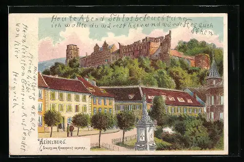 Lithographie Heidelberg, Schloss vom Kornmarkt gesehen