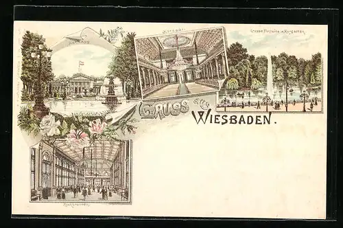 Lithographie Wiesbaden, Kurhaus und Kursaal, Kochbrunnen