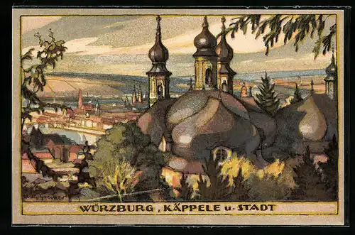 Steindruck-AK Würzburg, Käppele und Stadt