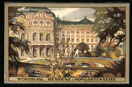 Steindruck-AK Würzburg, Residenz, Hofgartenseite