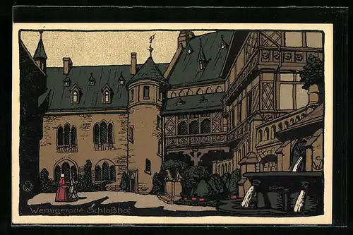 Steindruck-AK Wernigerode, Schlosshof