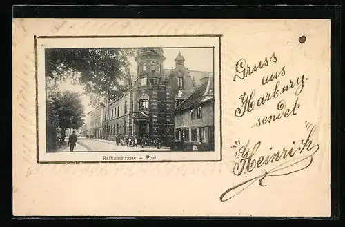 Papierkunst-AK Harburg, Rathausstrasse mit Post, Papierkunst