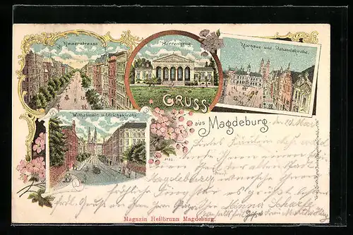 Lithographie Magdeburg, Kaiserstrasse und Herrenkrug