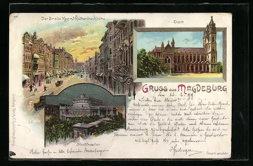 Lithographie Magdeburg, Dom, der Breite Weg mit Katharinenkirche, Stadttheater