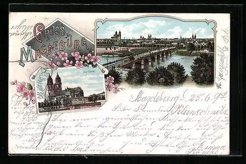 Lithographie Magdeburg, Brücke über der Elbe und Blick auf den Dom