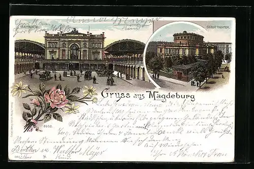 Lithographie Magdeburg, Stadttheater und Bahnhof