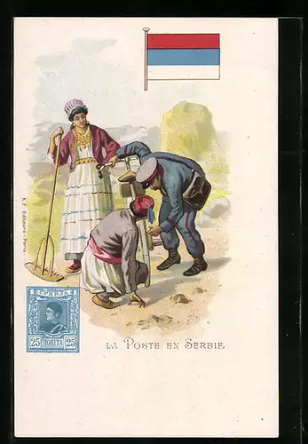 AK Briefträger in Serbien mit Menschen in Tracht