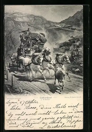 Künstler-AK Rasende Postkutsche der Gotthardpost mit Kühen