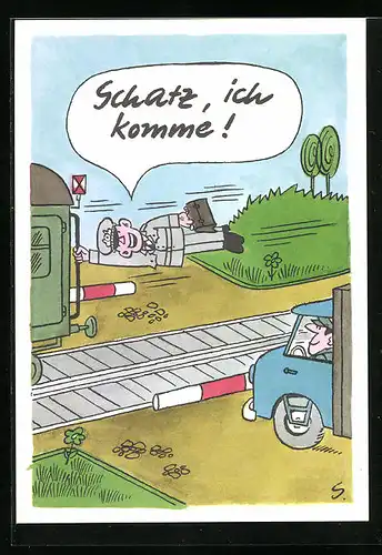 Künstler-AK Soldat der NVA hängt am Ende eines fahrenden Zuges, Karikatur