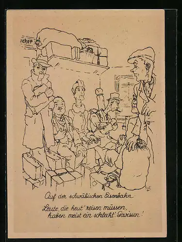 Künstler-AK Missmutige Passagiere auf der schwäbischen Eisenbahn