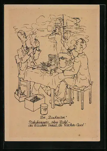 Künstler-AK Der Drachenreiter, Tabakrezepte ohne Zahl, des Rauchers Feind, des Riechers Qual!