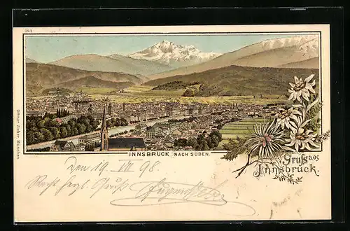 Lithographie Innsbruck, Ortsansicht mit Edelweiss
