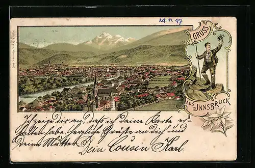 Lithographie Innsbruck, Ortsansicht aus der Vogelschau, Wandersmann & Edelweiss