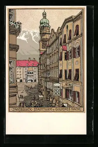 Künstler-AK Innsbruck, Stadtturm, Gasthaus Goldenes Dachl