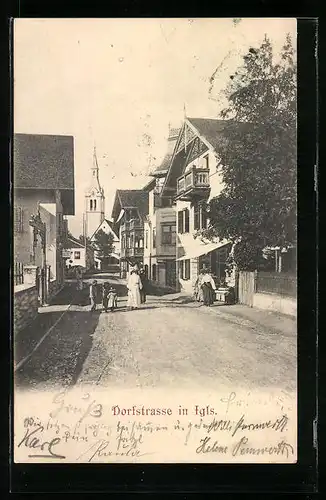 AK Igls, Dorfstrasse mit Kirche und Anwohnern