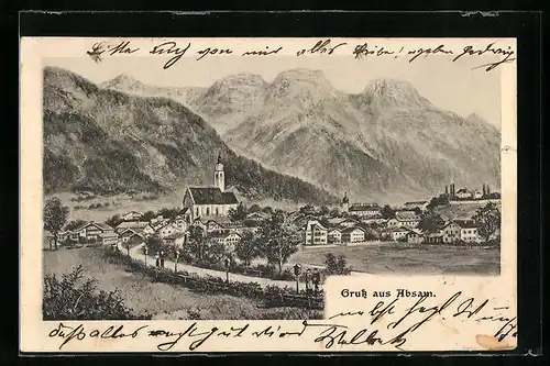 AK Absam, Ortsansicht mit Berglandschaft