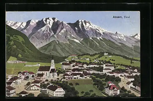 AK Absam /Tirol, Häuser aus der Vogelschau mit Berglandschaft