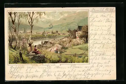 Lithographie Innsbruck, Totalansicht mit Damen am Wegesrand