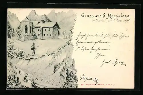 Künstler-AK St. Magdalena i. Halltal, Wanderer auf dem Berg