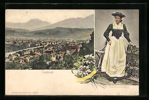 AK Innsbruck, Totalansicht aus der Vogelschau mit Oberinntalerin