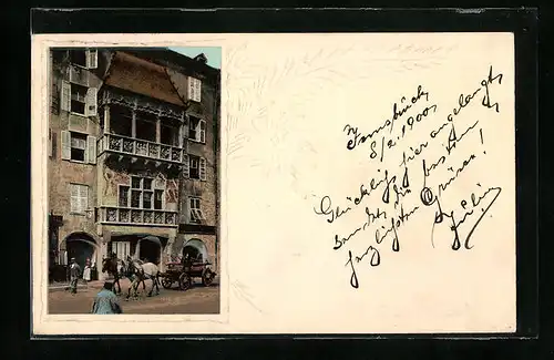 AK Innsbruck, Strassenpartie mit Kutsche, Haus mit Wandmalerei, Goldenes Dachl