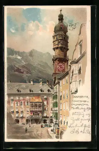 Lithographie Innsbruck, Gasthaus Goldenes Dachl und Stadtturm