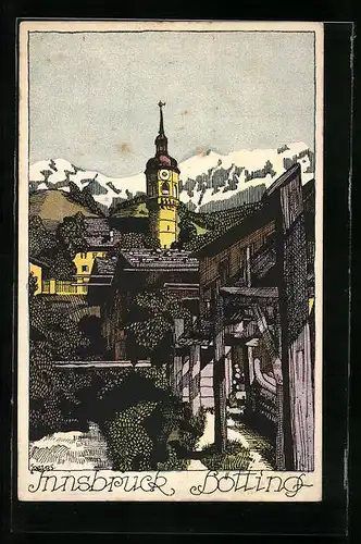 Künstler-AK Innsbruck-Hötting, Ortspartie