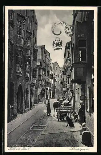 AK Hall, Strasse Salvatorgasse mit Gasthaus und Schreinerei