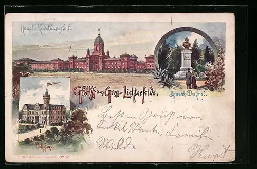 Künstler-AK Ganzsache PP9F39 /02: Gross-Lichterfelde, Rathaus und Bismarck-Denkmal